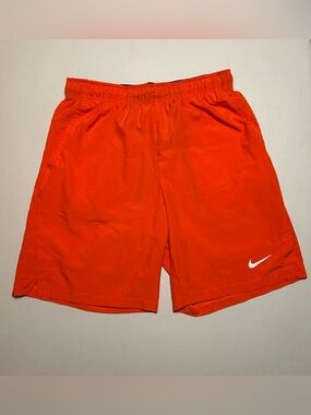 Nike Men's Bright Orange Athletic Shorts with White Swoosh